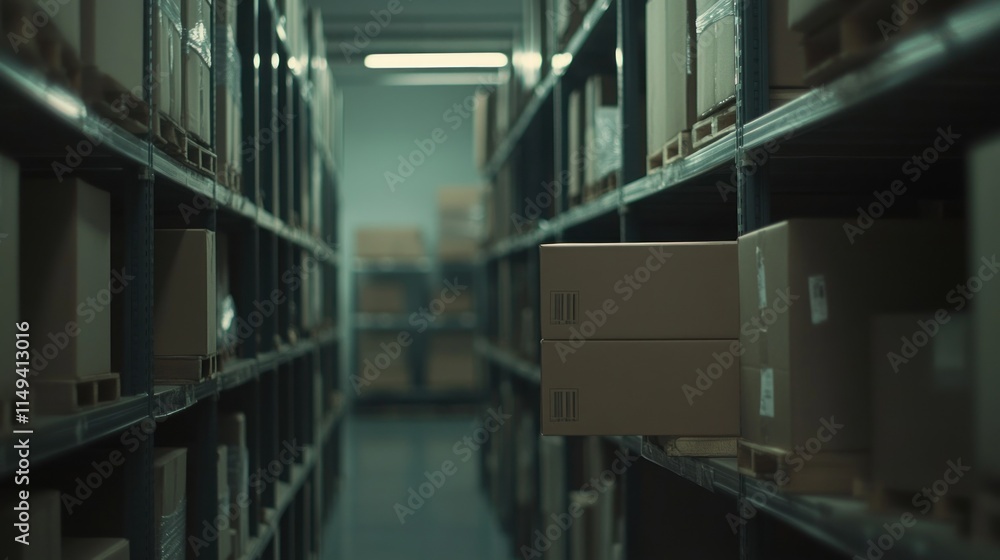Poster warehouse with boxes stacked on shelves.