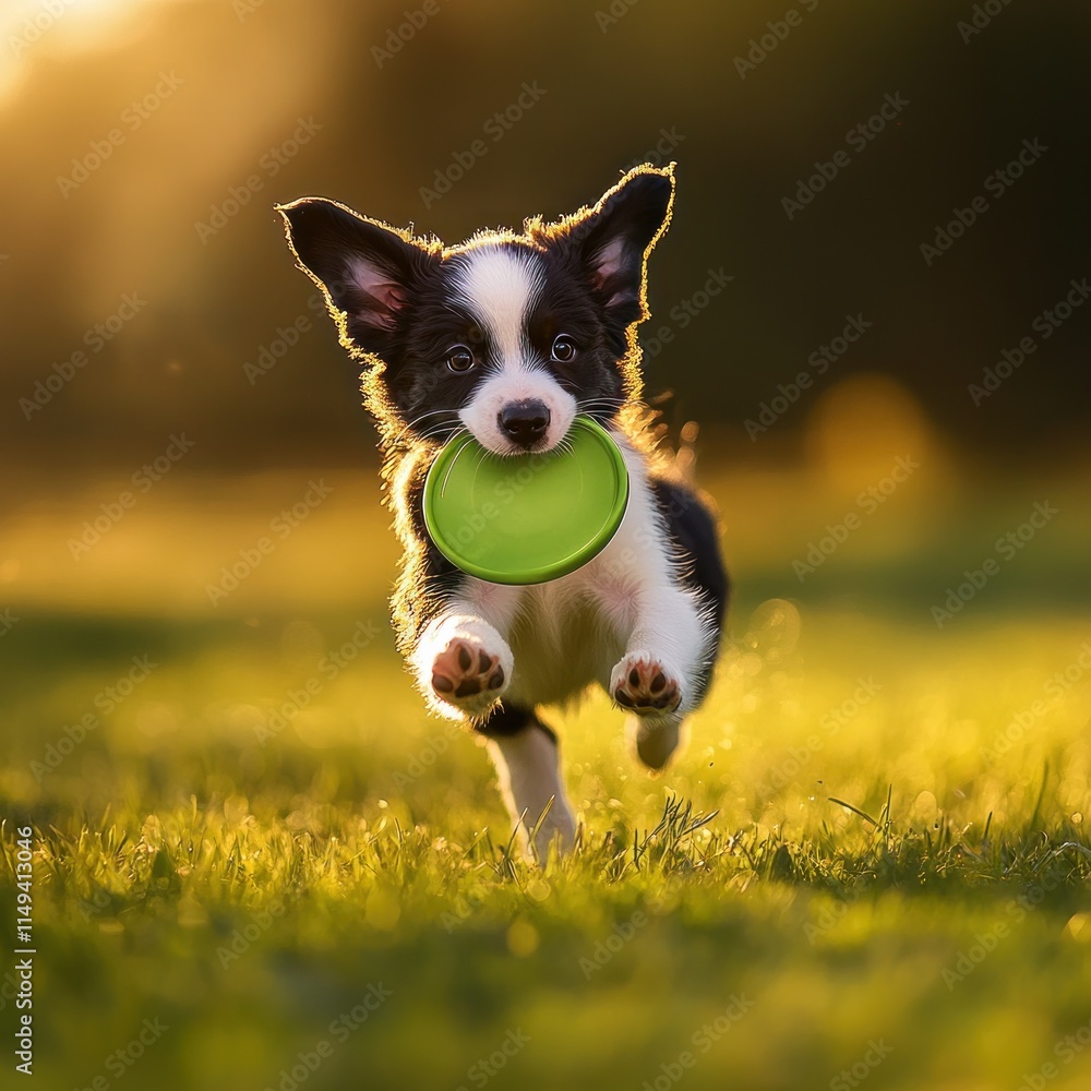 Poster puppy running with green frisbee in mouth.