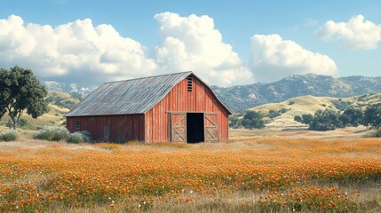 Obraz premium Red barn, orange wildflowers, idyllic landscape.