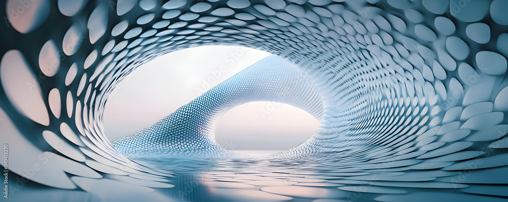 Poster abstract architectural design featuring a fluid, organic structure with light.