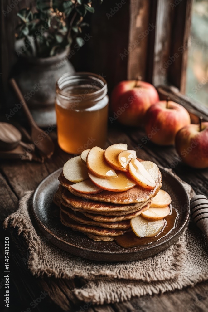 Poster stacked pancakes with sliced apples and honey on wood table.