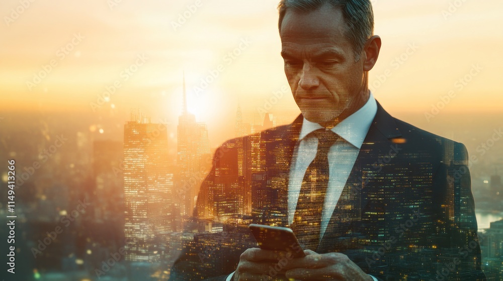 Aufkleber man uses smartphone with city lights overlay at sunset.