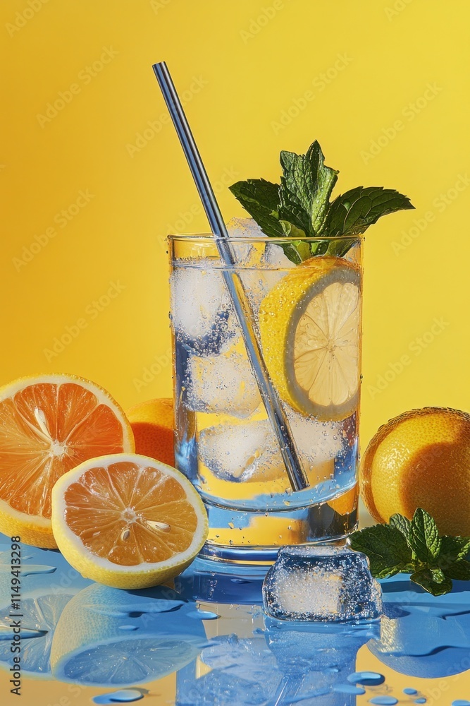 Poster refreshing drink with lemon and mint on yellow with blue.