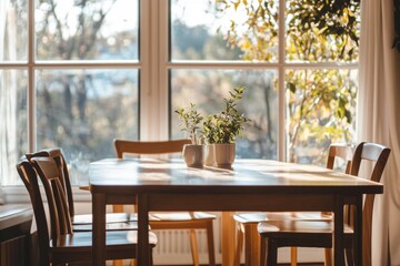 Obraz premium Bright, airy dining room with an empty table in the center, bathed in warm natural light from the surrounding windows. 