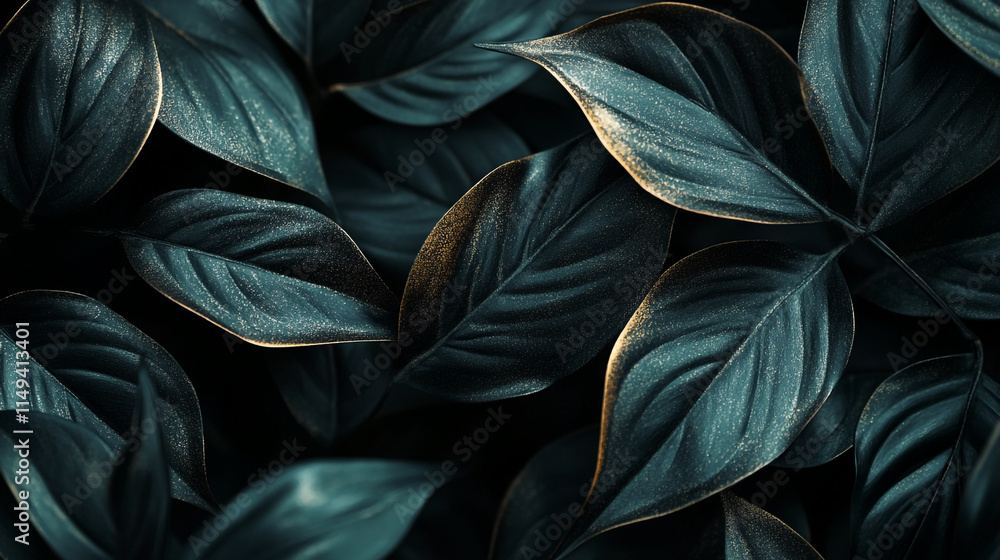 Poster Deep green leaves with golden edges create a tranquil atmosphere in a shadowy setting