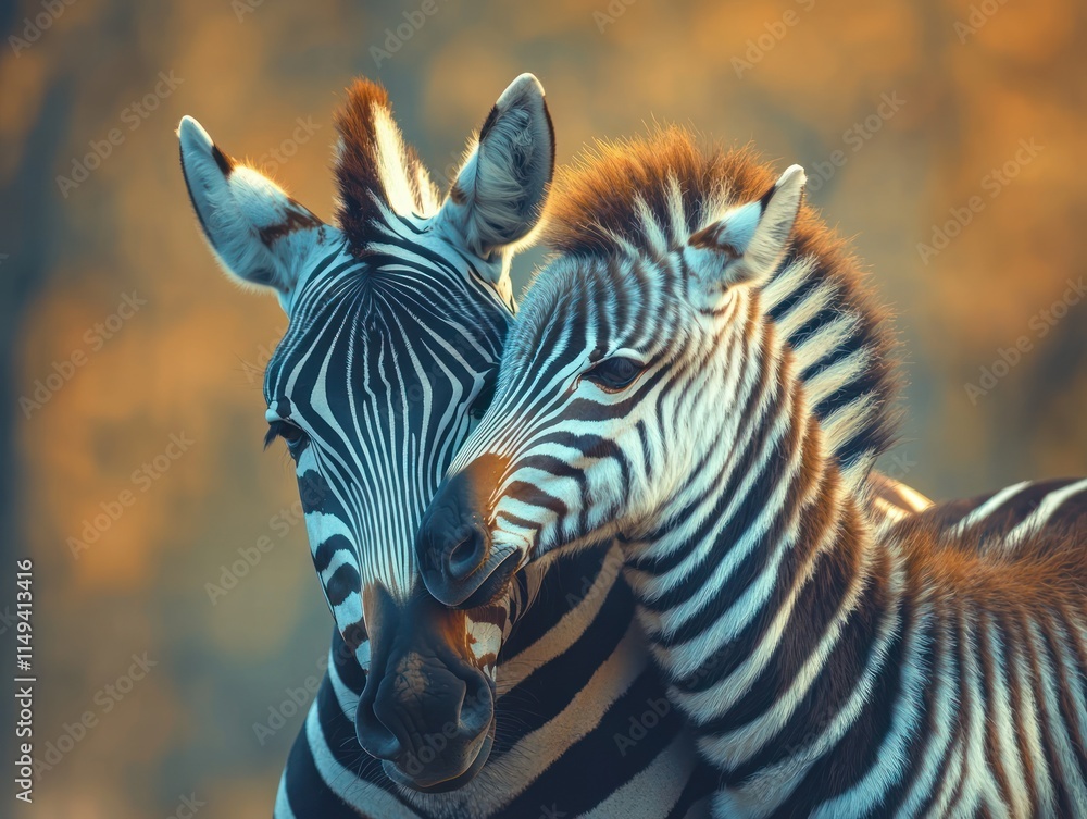 Poster two zebras showing affection with a blurred background.