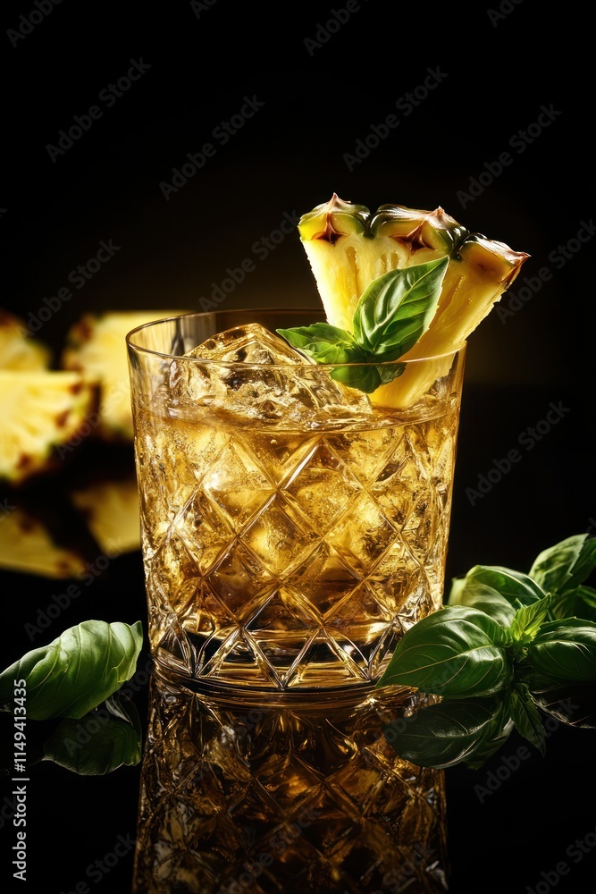 Aufkleber refreshing pineapple cocktail with basil garnish on black backdrop.