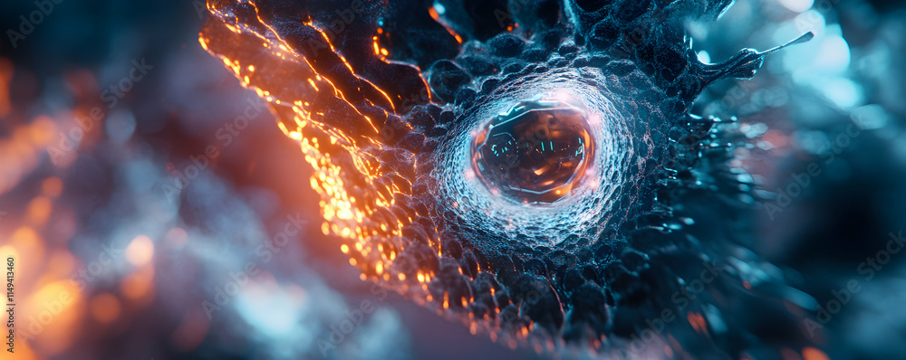 Poster a close-up view of a cell with intricate details and glowing elements.