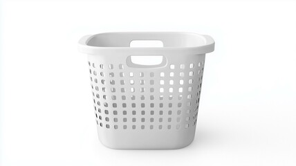 Photorealistic image of a white plastic laundry basket with handles, isolated on a white background
