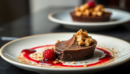 A luxurious dessert plate featuring a deconstructed chocolate tart, with dark chocolate mousse set in a dome shape, crumbled hazelnut brittle artfully placed, and a playful smear of raspberry coulis 