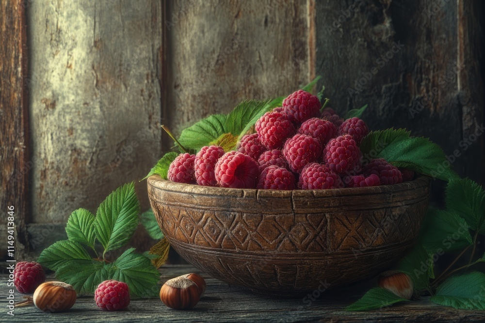 Poster raspberries in a carved bowl with nuts on a wood background.