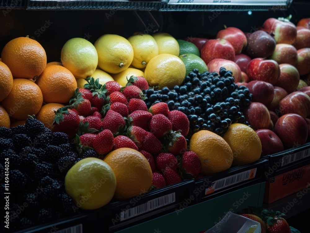 Poster a fruit display with various fruits in a grocery store cooler.