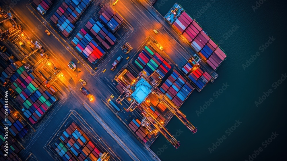 Poster aerial view of a container port at night with lights.