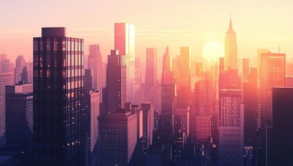 Obraz premium Cityscape at Sunset: Urban Skyline, Buildings, Architecture, Dusk, Golden Hour, Metropolis