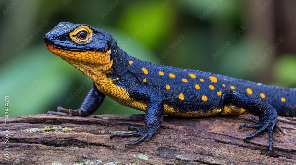 Aufkleber Orange-spotted lizard resting on a log in a forest setting.