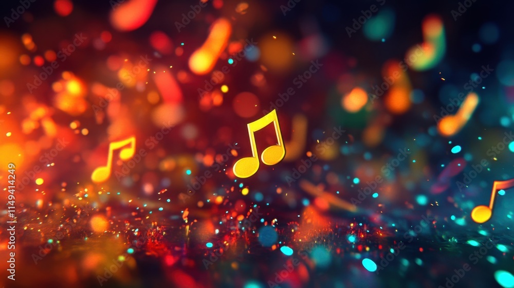 Poster colorful bokeh background with floating music notes and lights