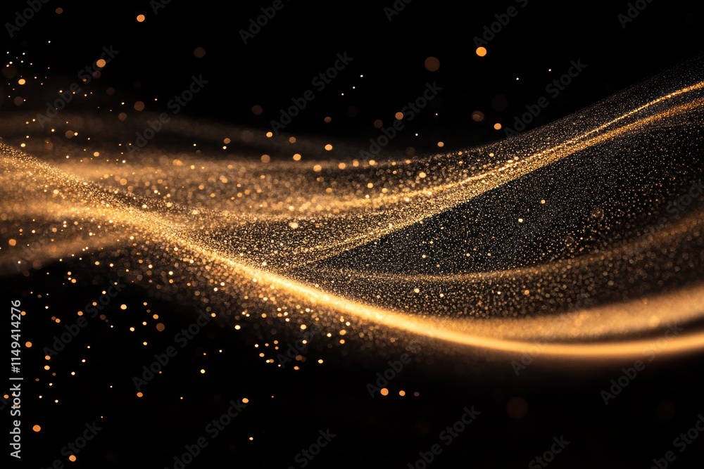 Poster golden sparkling waves on black backdrop.