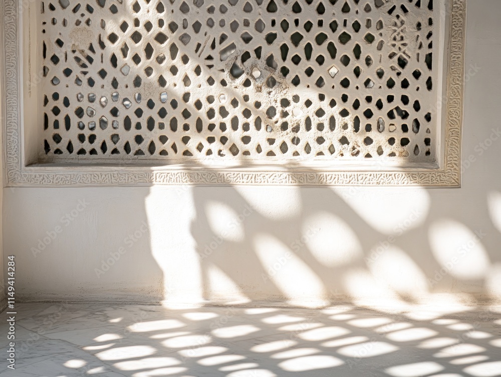 Poster ornate patterned wall casting shadows on floor.