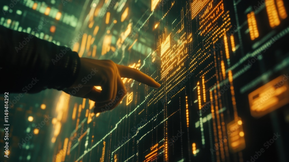 Poster Hand points to glowing data matrix on large screen.