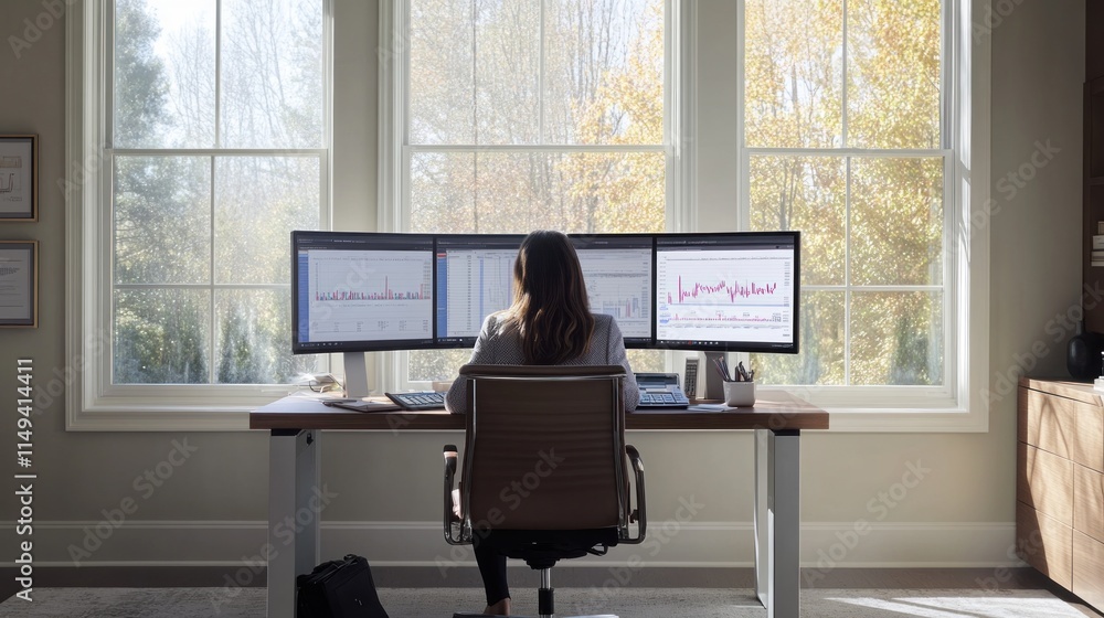 Poster Woman works at three monitors in home office with large window view.