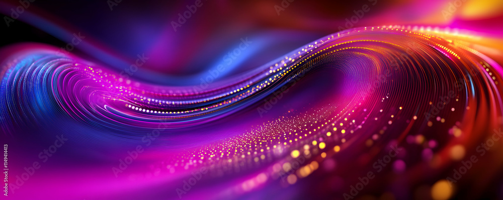 Poster abstract wave of vibrant colors with glowing dots and smooth curves.