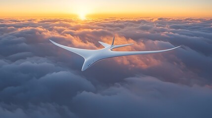 Fototapeta premium Futuristic white aircraft flying above clouds at sunset.