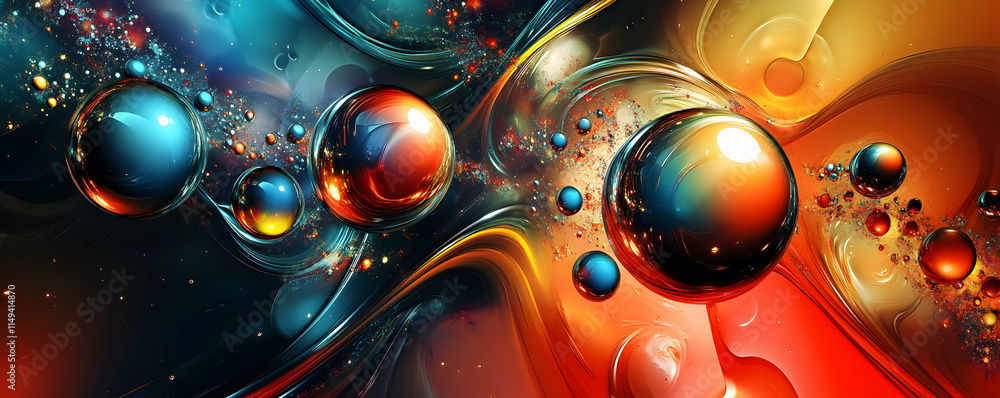 Poster abstract digital art featuring colorful spheres and swirling patterns.