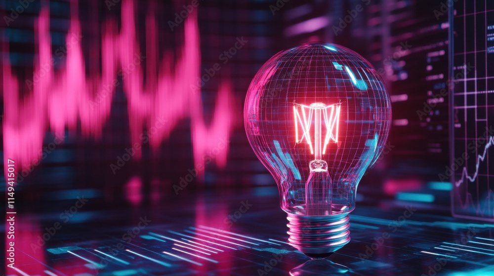 Poster neon light bulb with abstract graphs and digital background