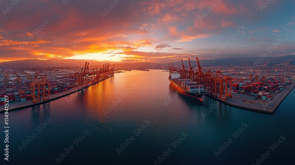 Aufkleber sunset over busy cargo port with containers and cranes.
