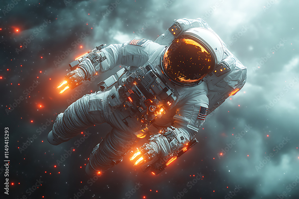 Aufkleber an astronaut floats in space surrounded by glowing particles and clouds.