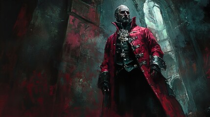 Fototapeta premium Mysterious Man in Red Coat, Gothic Portrait