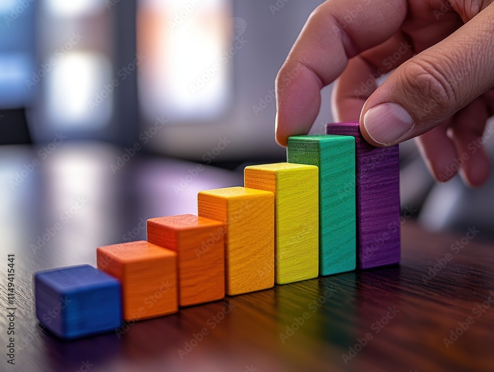 Poster hand stacks colorful block graph, growth concept.