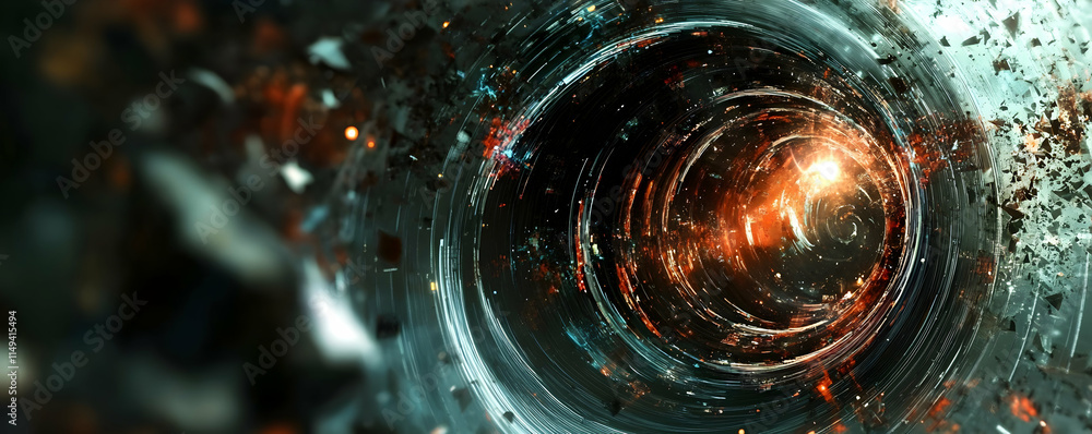 Poster abstract depiction of a swirling vortex with light and particles.