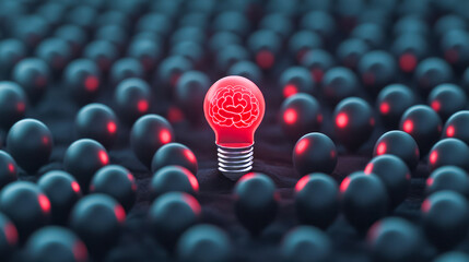 Glowing brain lightbulb amidst black spheres symbolizing innovation and creativity