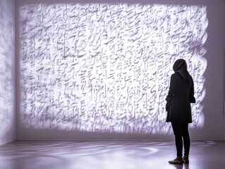 Person views large white wall with raised script in gallery.