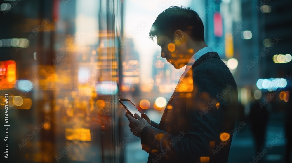 Poster man using tablet against blurred city lights.
