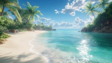 Tropical beach, palm trees, turquoise water.