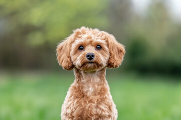 A charming portrait of a small Cavapoo dog with soft, curly fur and expressive dark eyes, sitting attentively in a lush green outdoor environment with a beautifully blurred background