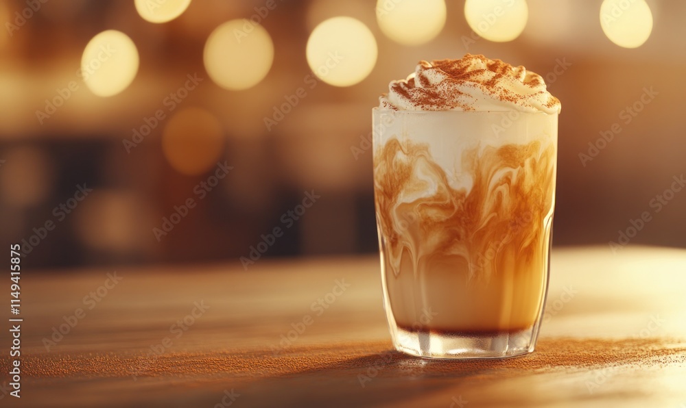 Poster iced latte with whipped cream on a wooden table, bokeh background.