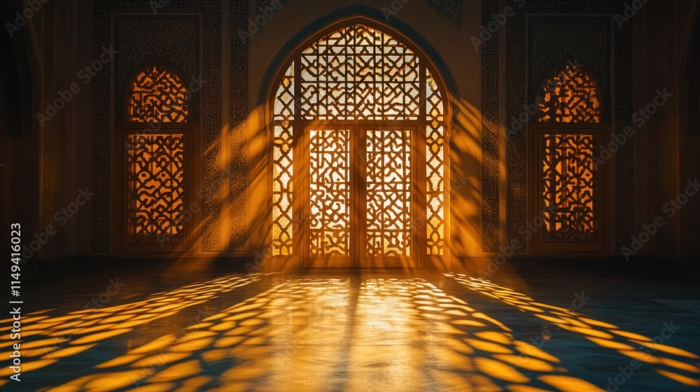 Poster ornate window casts light patterns on floor.