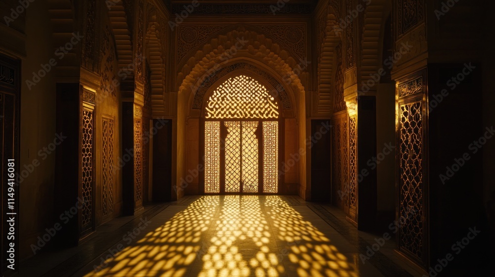 Aufkleber golden light through ornate archway with intricate lattice screen.