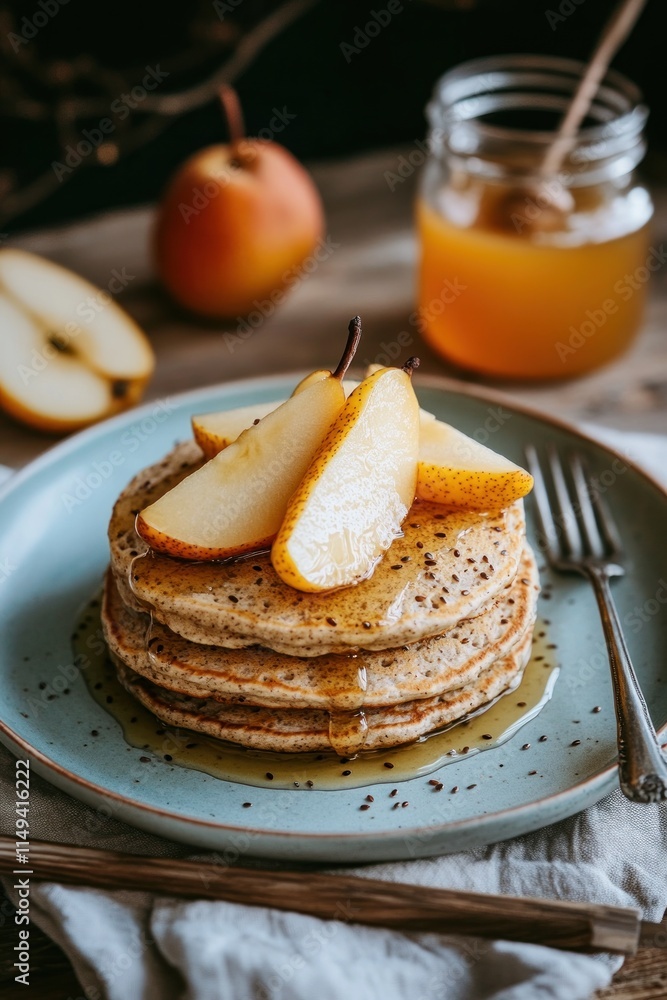 Poster stack of pancakes with pears and honey on wooden table.
