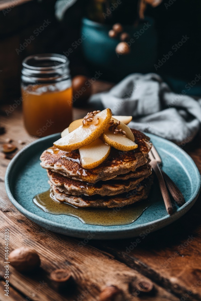 Poster stacked pancakes with pear and syrup on plate.