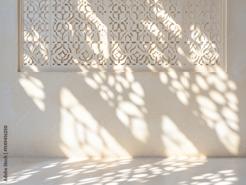 Poster light patterns cast by ornate screen onto a plain wall.