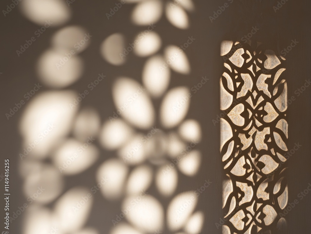 Fototapete sunlight patterns through patterned panel with shadows on wall.