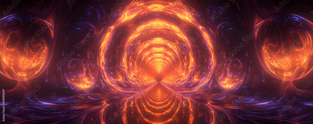 Poster a vibrant, abstract representation of a glowing tunnel with swirling patterns.