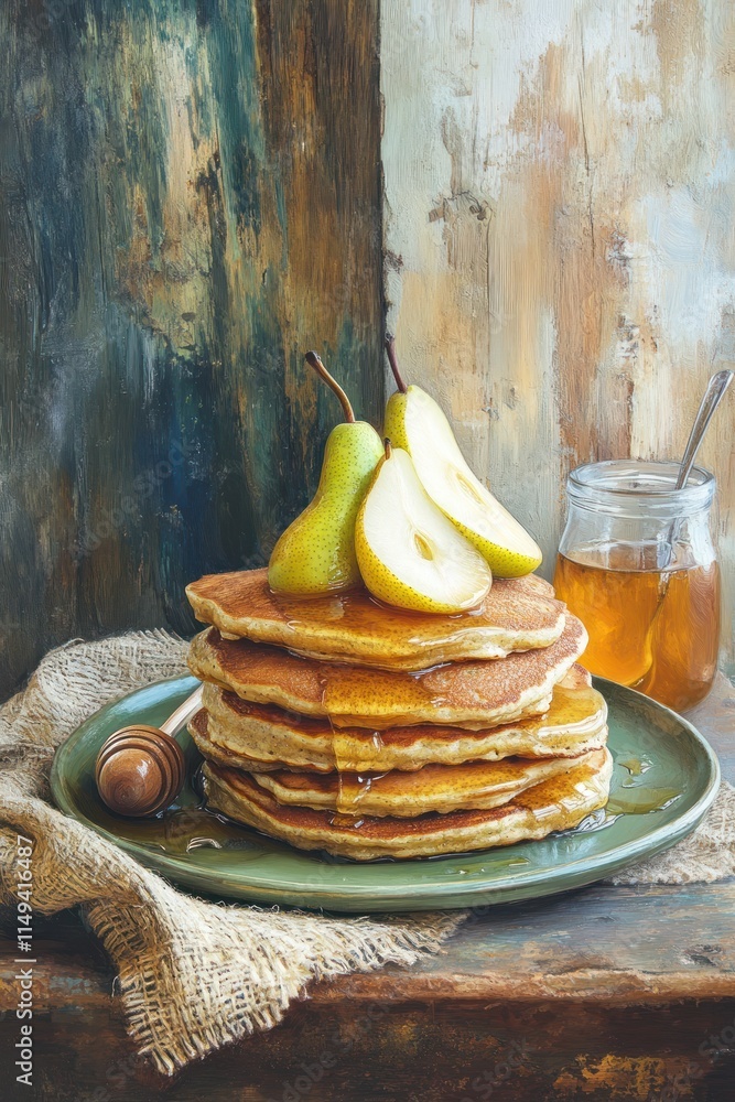 Poster stack of pancakes with pears, honey, and rustic background.