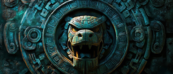 Obraz premium Aztec Serpent Night Calendar Symbol: Dark Blue Green Gothic Design