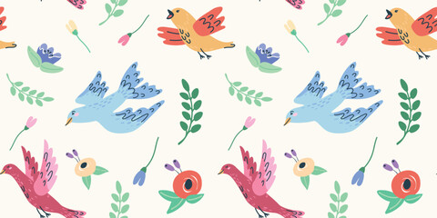 handdrawn seamless pattern with birds and flowers. Perfect for romantic design