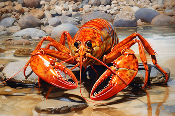 Close-up View of Majestic Crawfish in Vibrant Hues and in Naturalistic Surrounding Environment